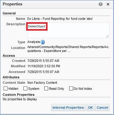The Properties window with the description field.